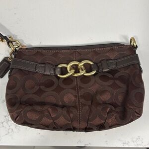 Coach Brown Signature Logo Chain Wristlet with Gold Accent